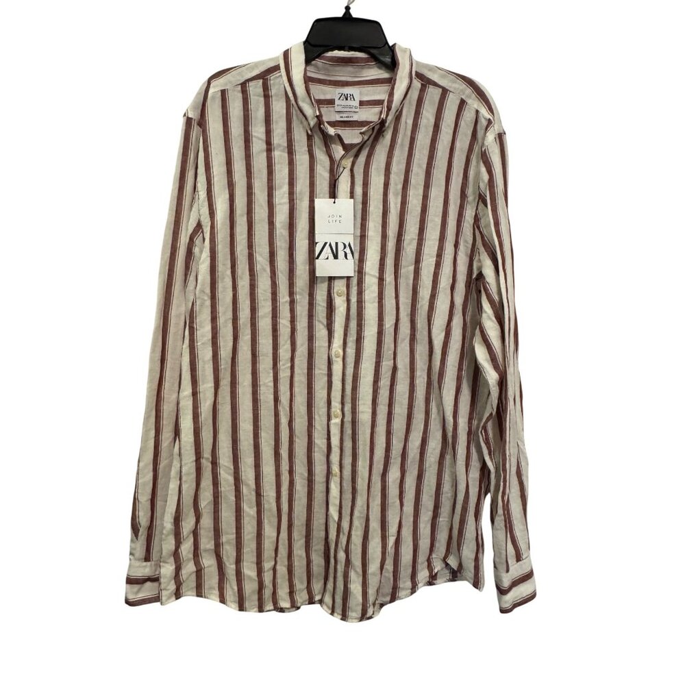 Zara Mens Relaxed Fit Striped Shirt XXL Cotton/Linen Blend Red/White
